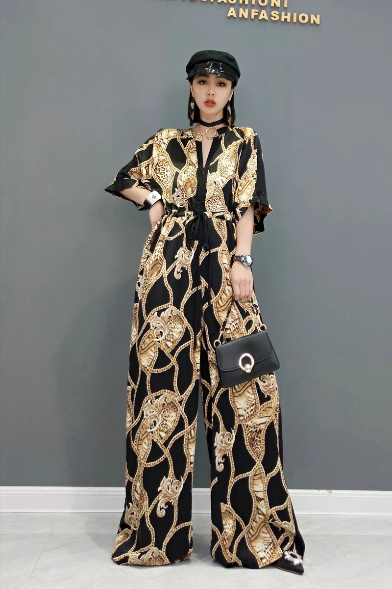 

2021 Summer New Jumpsuit Women Korean Fashion Casual One Piece Outfit Elegant Retro Printed Loose Plus Sized Wide Leg Overalls