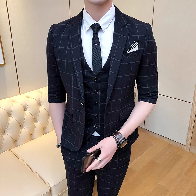 ( Jacket + Vest Pants ) Mens Fashion Boutique Plaid Formal Business Suit 3 Piece / Groom Wedding Dress Half Sleeve Suits | Мужская