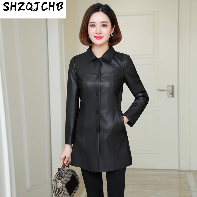 

Женское кожаное пальто SHZQ средней и большой длины, осень 2021, новый стиль, квадратный воротник, овчина