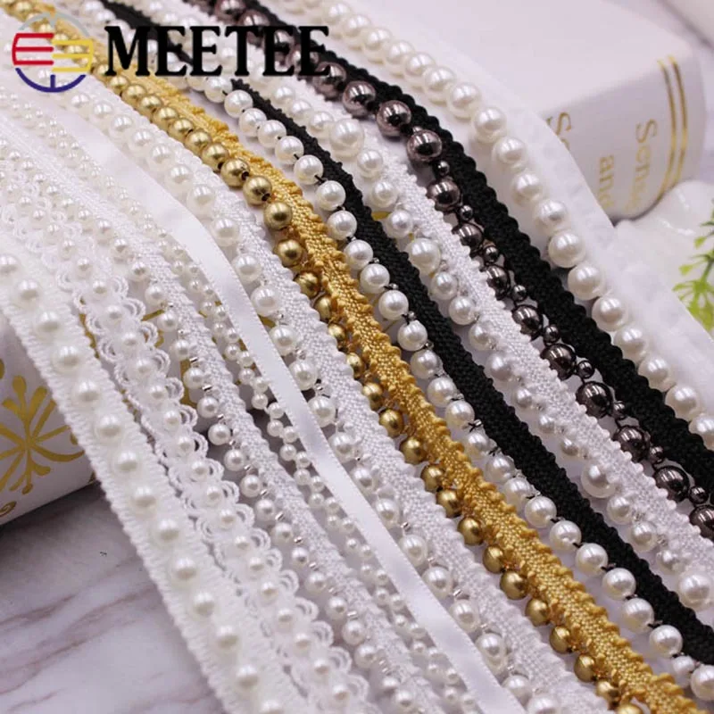 Meetee 10yards 10mm Beaded Pearl Lace Trim Ribbon Clothing Collar Bag Decor Webbing DIY Sewing Handmade Crafts Accessories C6-1 | Дом и сад