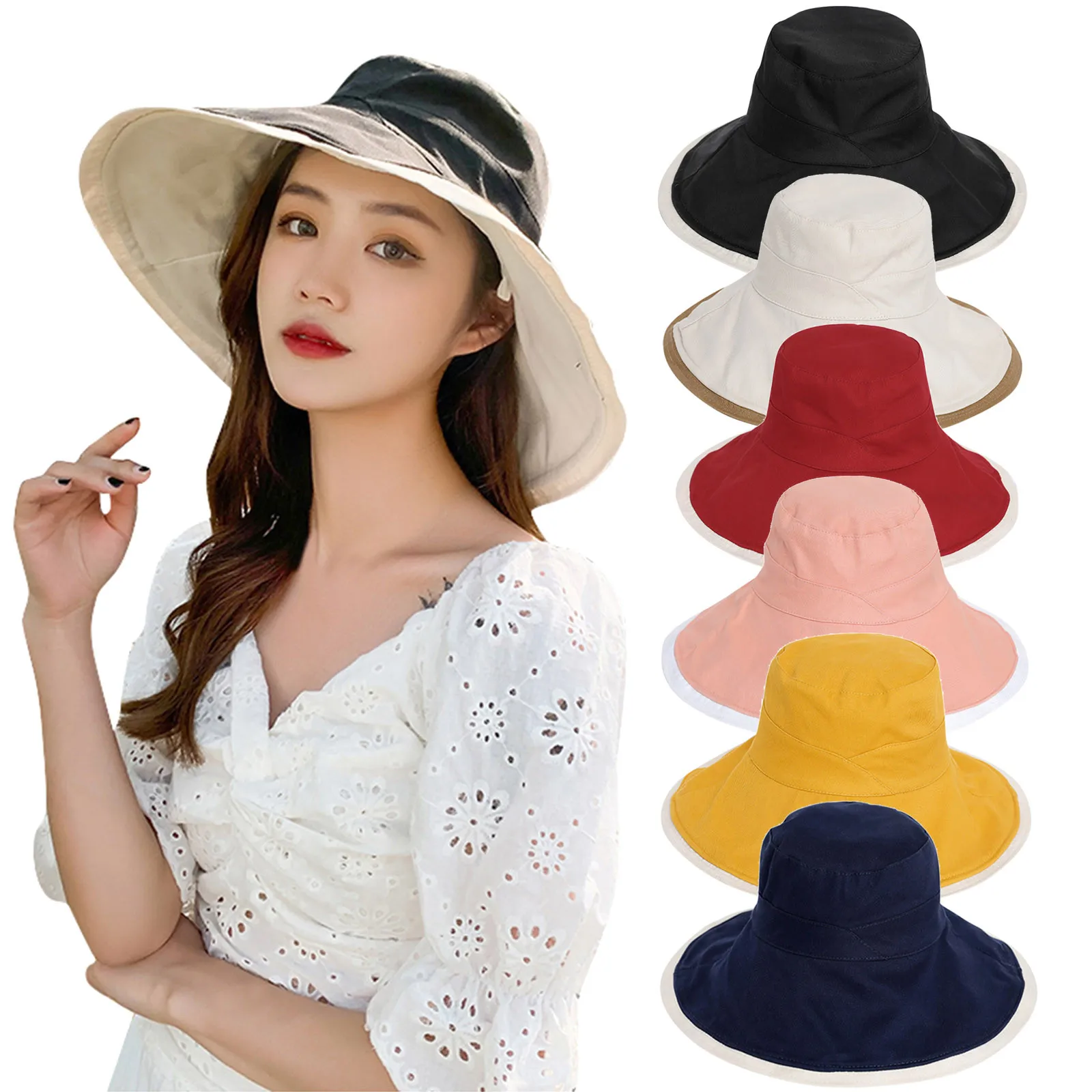 

Women Sunshade Wide Brims Hat Outdoor Summer Sunscreen Beach Sun Bucket Cap Prevent Ultraviolet Rays Solid Color High Top Hat