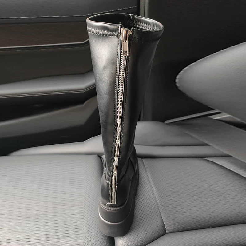 2020 роскошные сапоги женские кожаные ботинки на не сужающемся книзу массивном