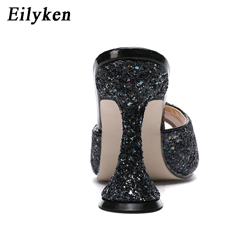 Eilyken/Новинка года; сезон лето; женская обувь из лайкры; флуоресцентные шлепанцы; блестящие шлепанцы с открытым носком; шлепанцы на высоком каблуке; модные сандалии без застежки