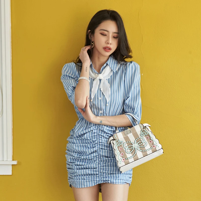 

new arrival fashion mini dress women elegant summer vintage temperament striped fresh summer slim pencil dress