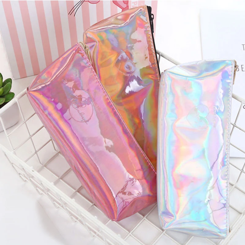 Iridescent Pencil Case Quality Pu School Supplies Stationery Gift Holographic Bag Cute Box Tools | Канцтовары для офиса и дома