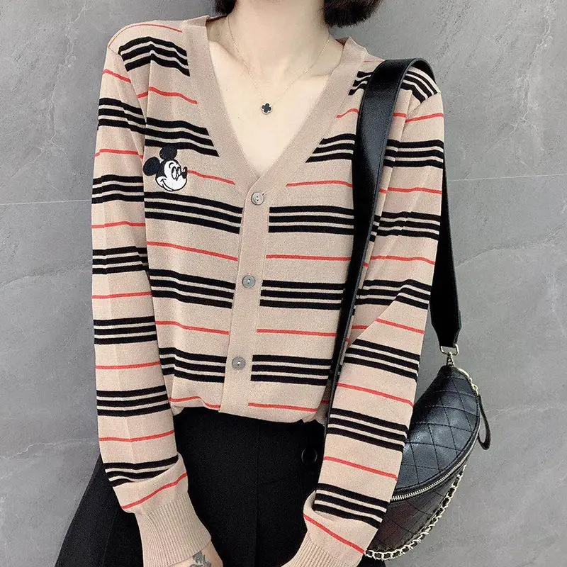 

Ice silk knitted cardigan women's spring and summer new embroidery long sleeve coat stripe loose shawl coat women