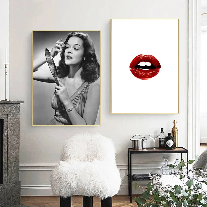 

Fashion Sexy Red Lip Makeup Fashion Women Art Poster Oil Painting Black and White Printing Living Room Home Decoration Painting