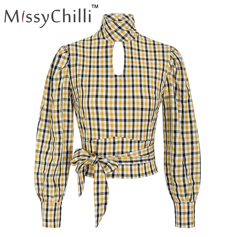Женская блузка в клетку MissyChilli винтажная облегающая с открытой спиной и длинным