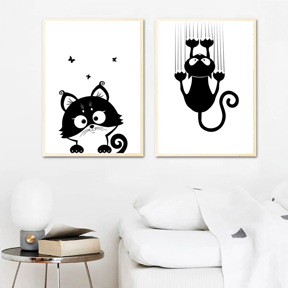 Настенная Картина на холсте черная белая кошка животные постеры и принты для