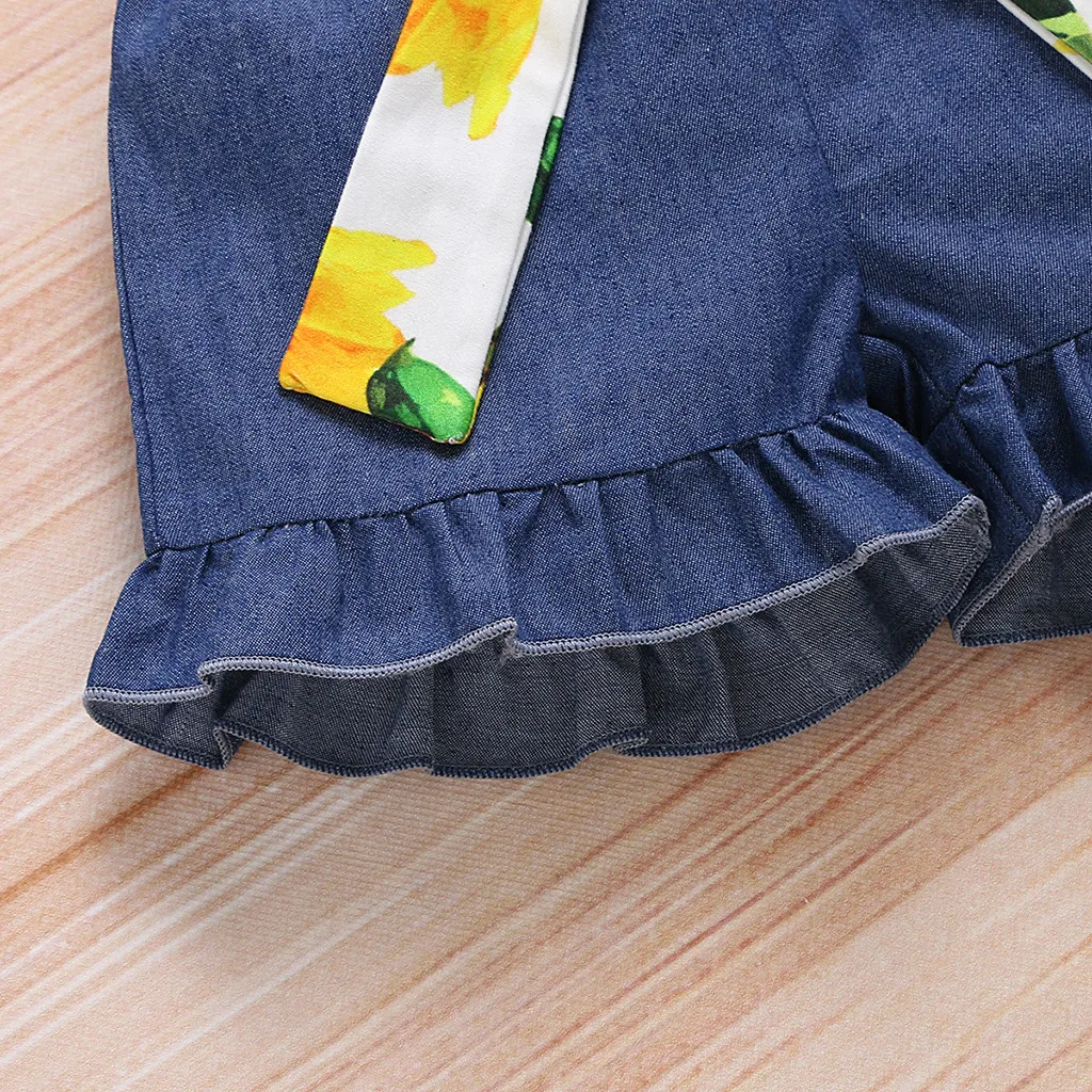 

Baby Girls Clothing Sets Summer Baby Ruffle Sleeve Sunflower Print Tops+Denim Shorts Outfits infant girl clothing Set For Babies