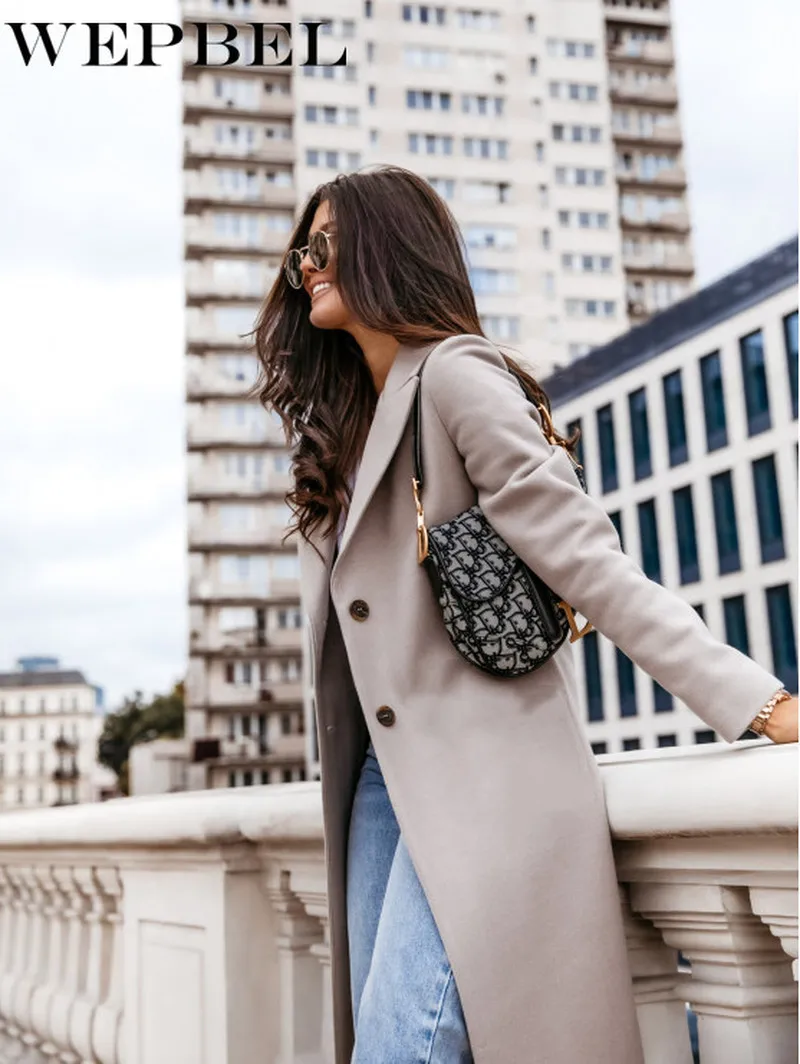 

WEPBEL Autumn and Winter Long Woolen Jacket Solid Color Long Sleeve Two Button Suit Collar Woolen Coat for Female