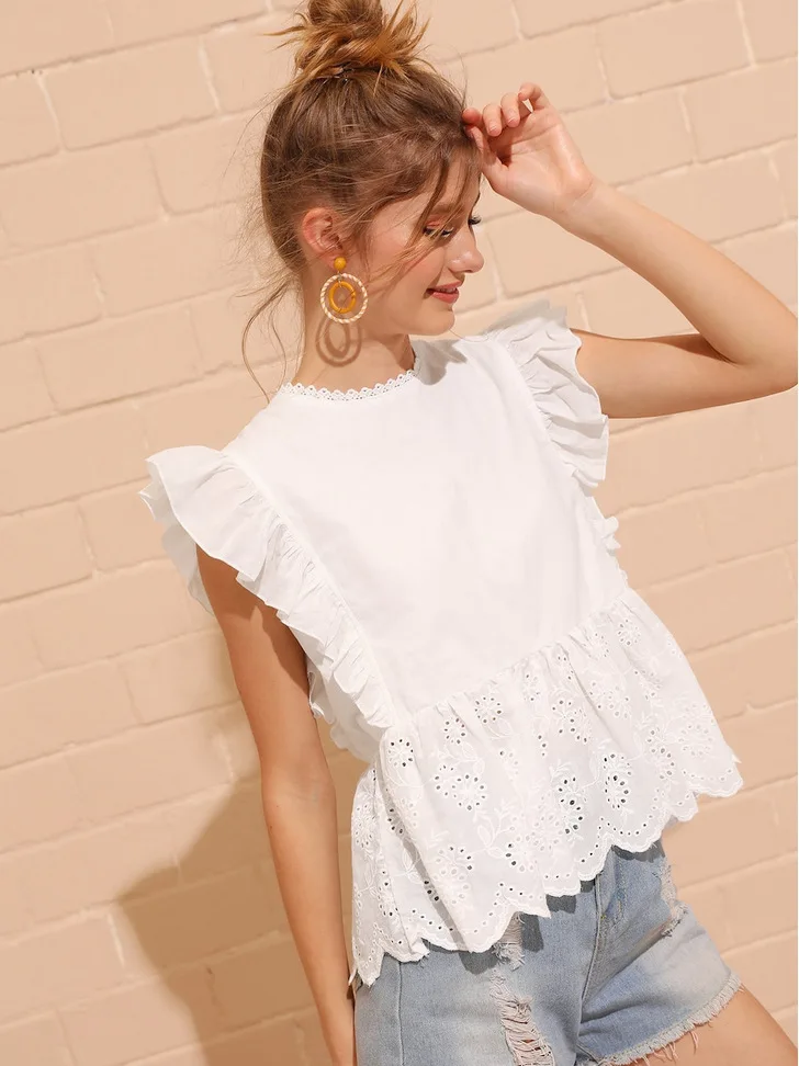

JESSIC 2021 New European And American Hot Style Holiday Style Lace Neckline Stitching Lotus Leaf Sleeve Hollow Baby Shirt