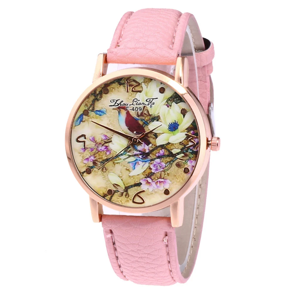 Женские часы с круглым циферблатом и принтом птиц|Женские наручные часы| |