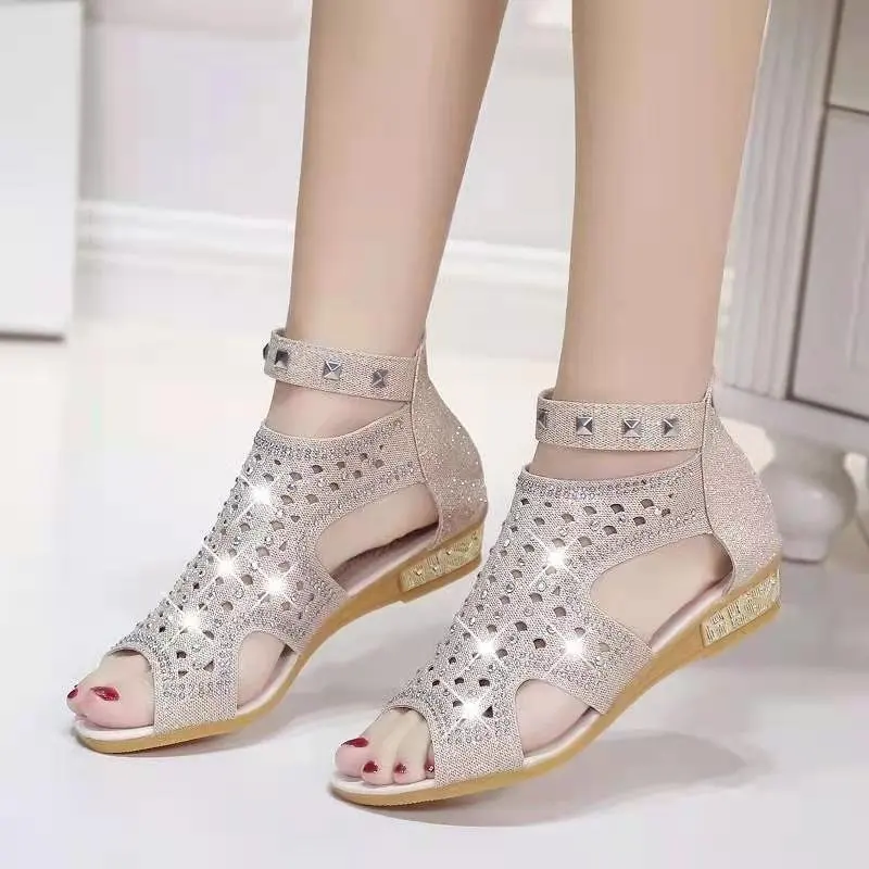 

LLOGAI 2021 New Women's Wedge Sandals Ladies Fish Mouth Hollow Roma Summer Shoes Fashion Casual Non-slip Crystal Bling Footwear