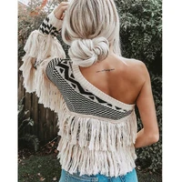 women fashion one shoulder sweater white vintage fringed knitted sweaters sexy loose long sleeve tassel pullover tops knitwear