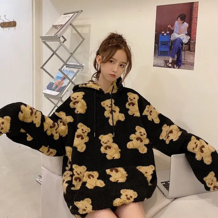 

College wind small woolen cute bear lady hoodie loose plus velvet kawaii sweatshirt plus size women's blouse super Dalian hoodie