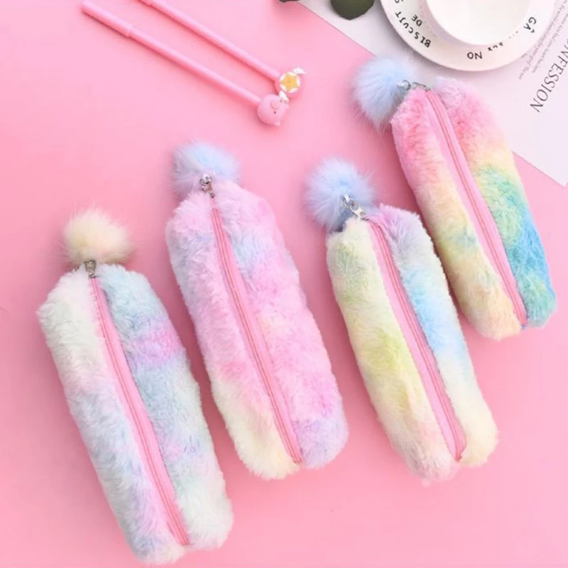 

Gradient Lovely Girl Plush Pencil Case With Ball Stationery Octagonal Pen Bag Girl Student Simple Storage BagSchool Supplies