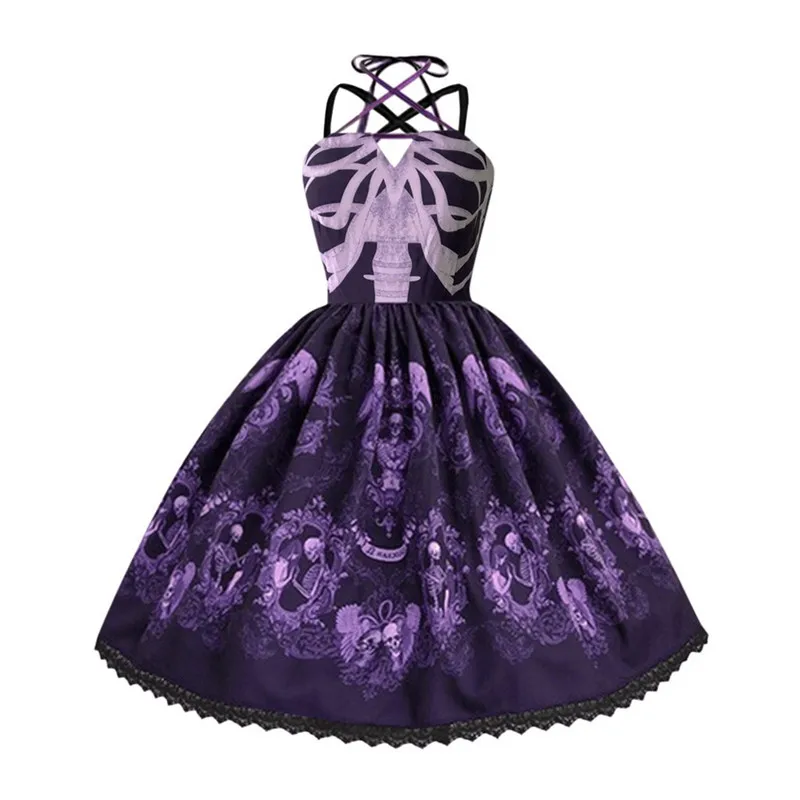 Purple Женское модное платье с принтом черепа на Хэллоуин, платье в стиле панк на бретельках, Хепберн, большие вечерние платья, летнее женское сексуальное элегантное платье, N19 - Цвет: Purple