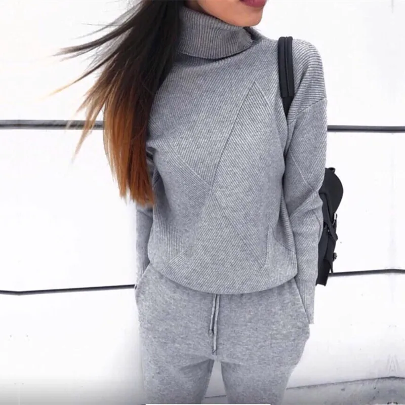 

Turtle-Neck Sweater Suit Foreign Trade Knitted Sports Set Hot Selling Sweater Knit Pants Set