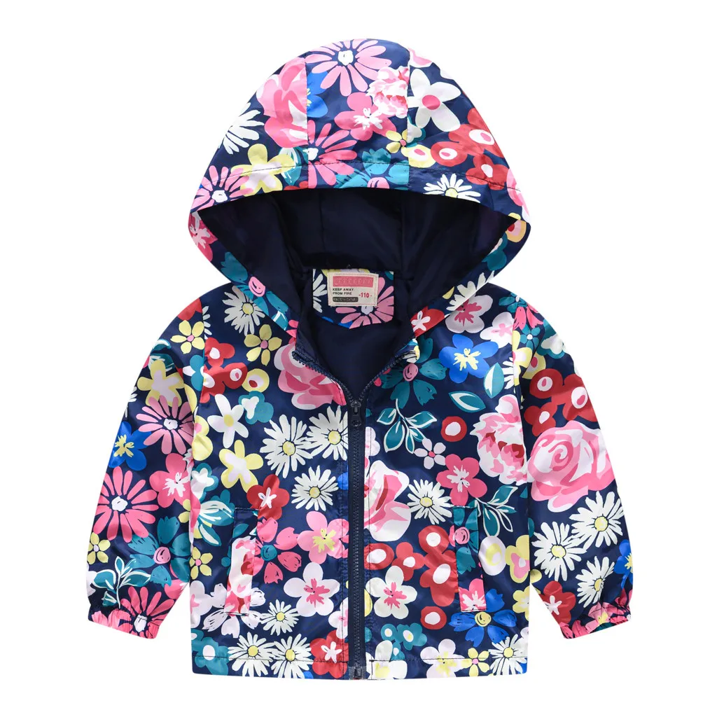 

12M-5Y toddler coats infant Kids Baby Grils Boys Autumn Floral Print Jacket Zipper Hooded Windproof Coat baby jasje t5