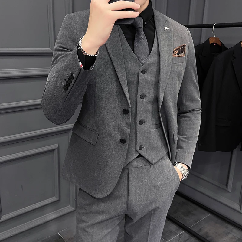 

( Jacket + Vest + Pants ) Boutique Fashion Mens Plaid Casual Business Suit High-end Social Formal Suit 3 Pcs Set Groom Wedding