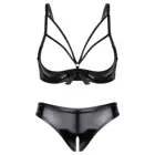 Женские пикантные высокие чашка открытой чашка нижнее белье черного цвета с мокрым эффектом женское белье из лакированной кожи Комплект бюстгальтер на косточках топ с трусы с вырезами трусики