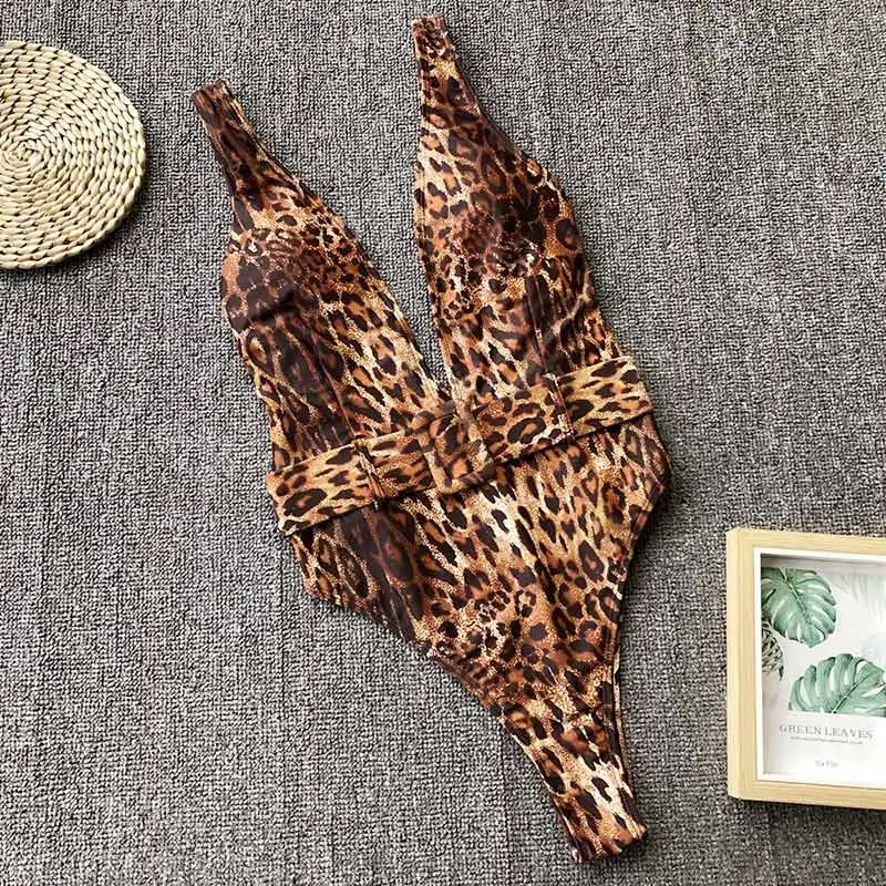 Leopard Цельный купальник с высоким вырезом и пряжкой, женская одежда для плавания, монокини, пляжная одежда, купальник с пуш-ап, купальный костюм, одежда для плавания - Цвет: Leopard