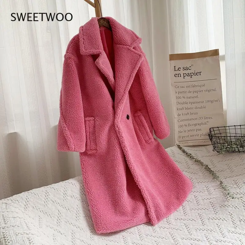 Pink Long Teddy Bear Jacket Coat Women Winter 2021 Thick Warm Oversized Chunky Outerwear Overcoat Women Faux Lambswool Fur Coats