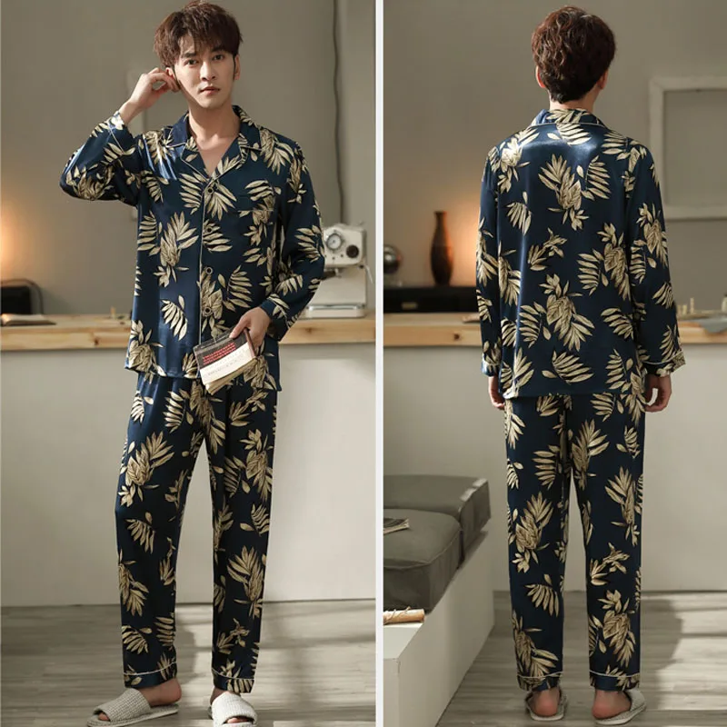

L-3XL Leaf Print Loose Mens Pajamas Set 2020 Ice Silk Long Sleeve Long Trousers Luxury Clothes Men Sleepwear Homewear Pajama Set