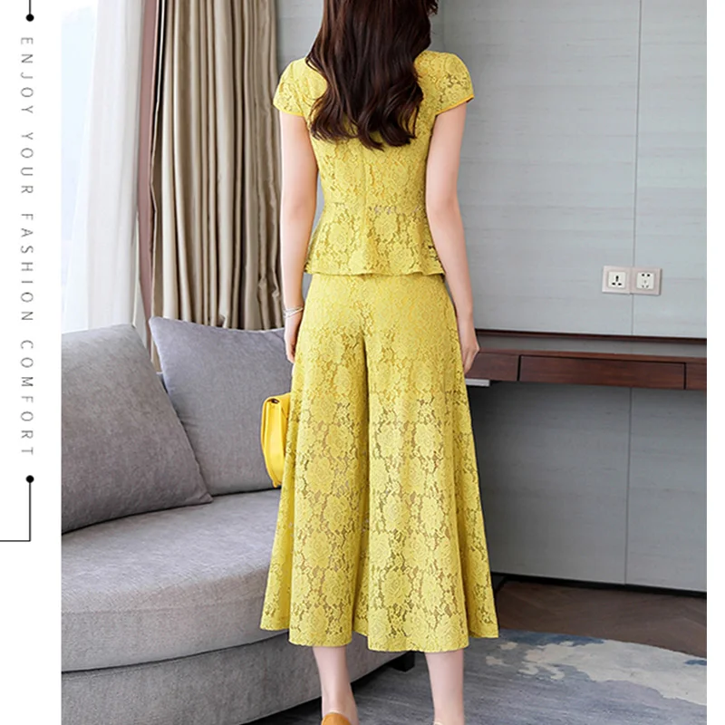 Женский комплект из 2 предметов элегантный кружевной двух с вырезами брюки