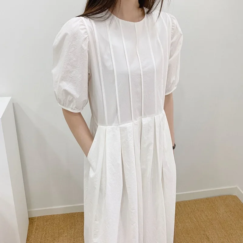 

2021 Summer Korean Chic Fresh Blue Temperament Pleated Puff Sleeve Solid Color Dress 3 Colors Ladies Ruched A Line Midi Clothing