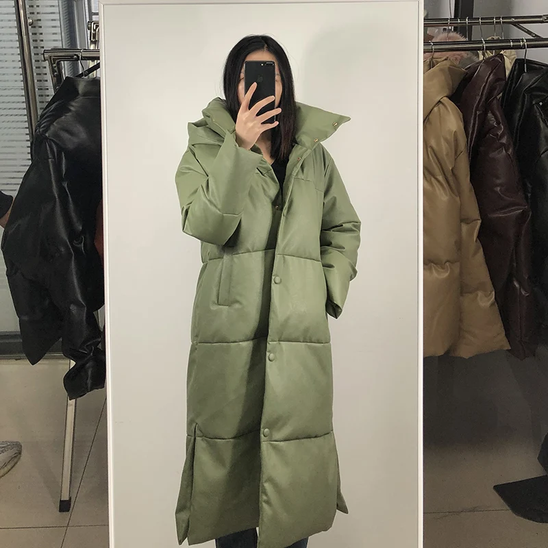 

Winter Warm Windproof Long Parkas Women Fashion Casual PU Leather Coats Women Elegant Long Cotton Jackets Female Ladies