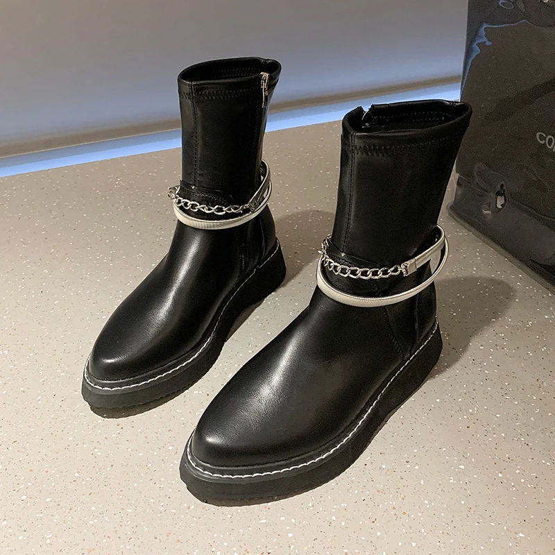 

2021 New Female Short Boots Fashion Round Toe Combat Boots for Women Chunky Boots Motorcycle Autumn Ladies Shoes Botas Mujer