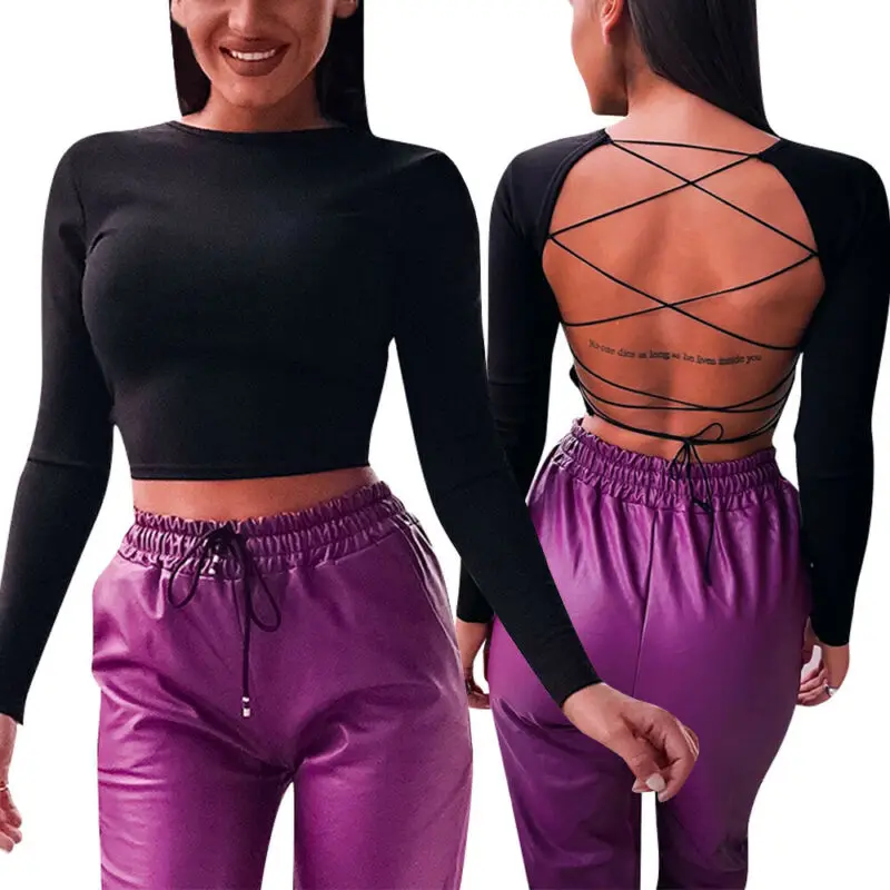 Летняя Сексуальная футболка с длинным рукавом и открытой спиной женская модная