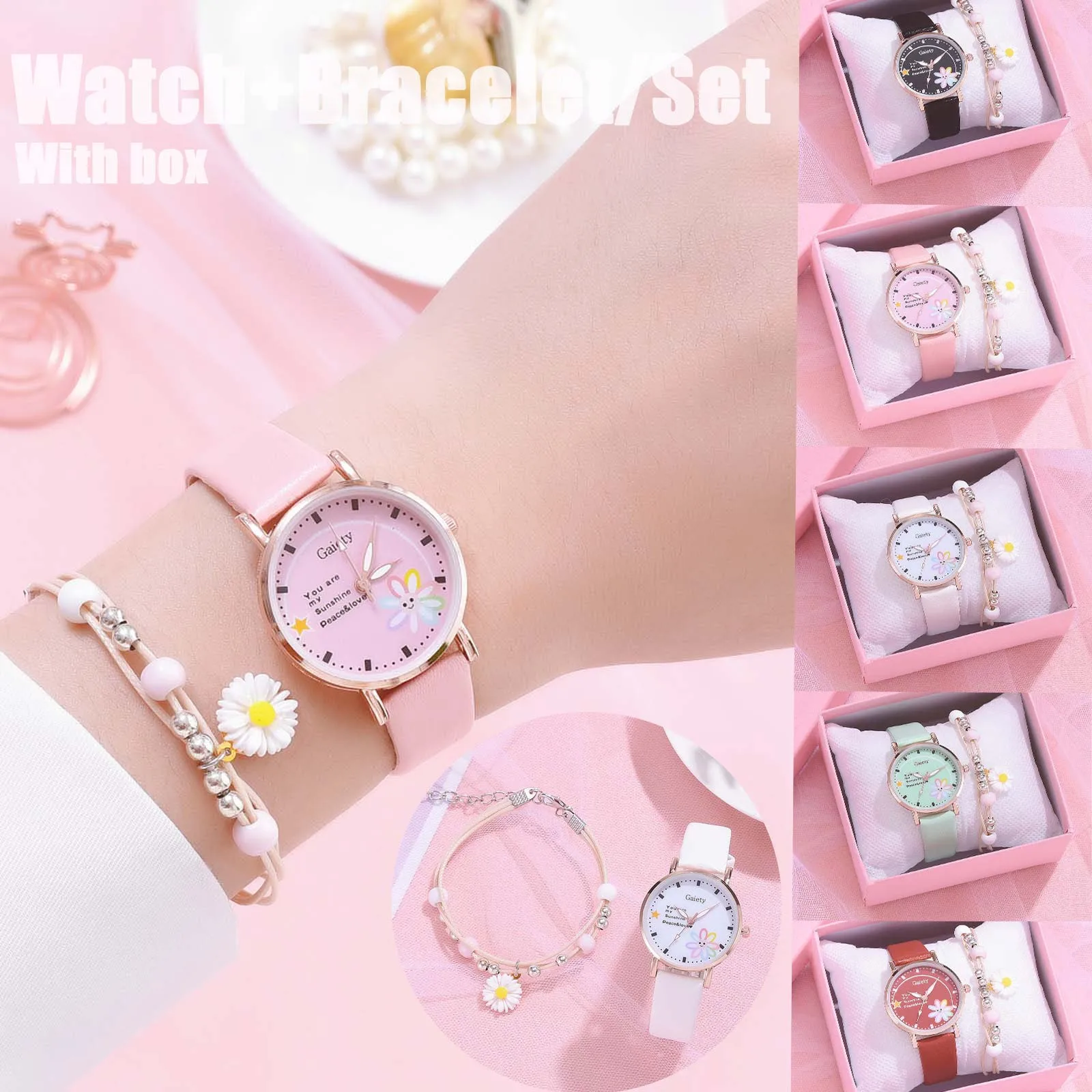 

Top Quartz Women's Watch Ladies Fashion Women Wristwatch Leather Belt Cartoon Minimalism Daisy Bracelet Set Clock Relogio Femino