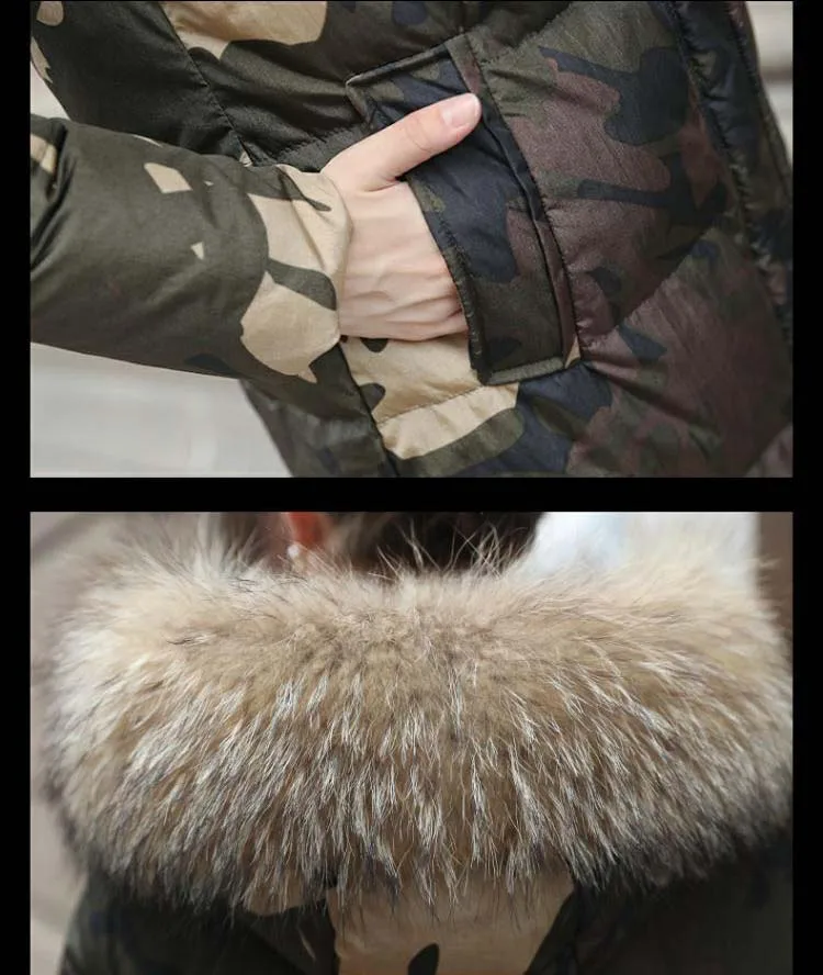 Женский длинный пуховик с капюшоном длинное пальто на утином пуху камуфляжным