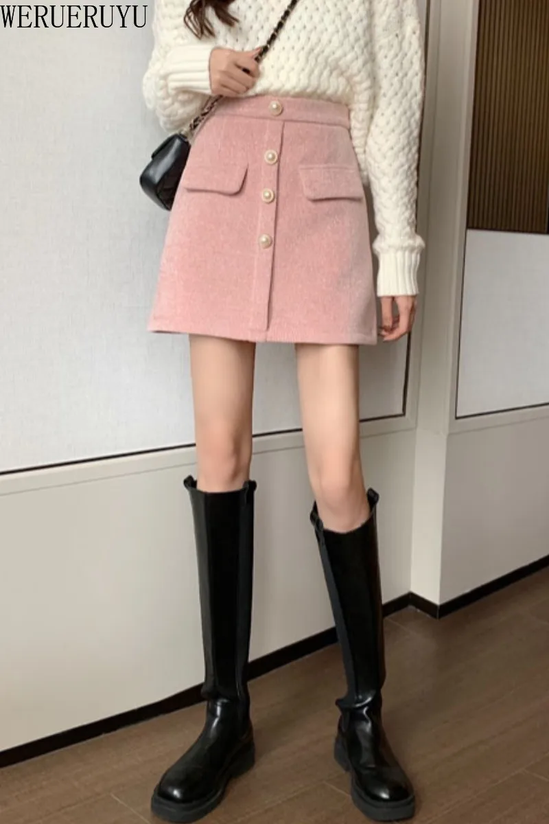 

WERUERUYU skirts womens Fashion Corduroy Hight Waist Button Skirt Elastic Short Skirt