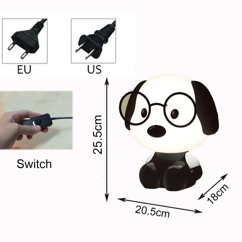 ЕС/США Plug лампы для чтения настольная лампа для детской комнаты очки собака мультфильм животных светодиодный ночной Светильник детская кровать лампа спать ночью настольная лампа
