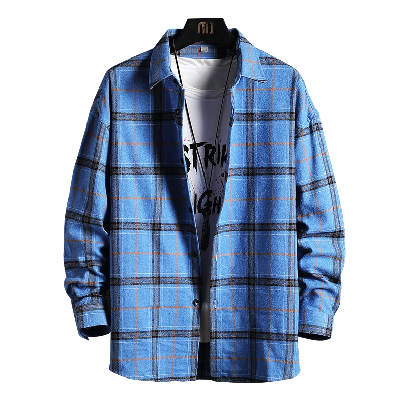 

Shirt Men 2021 New Streetwear Long Sleeve Plaid Shirt Loose Fashion Mens Shirts Casual Hawaiian Shirt