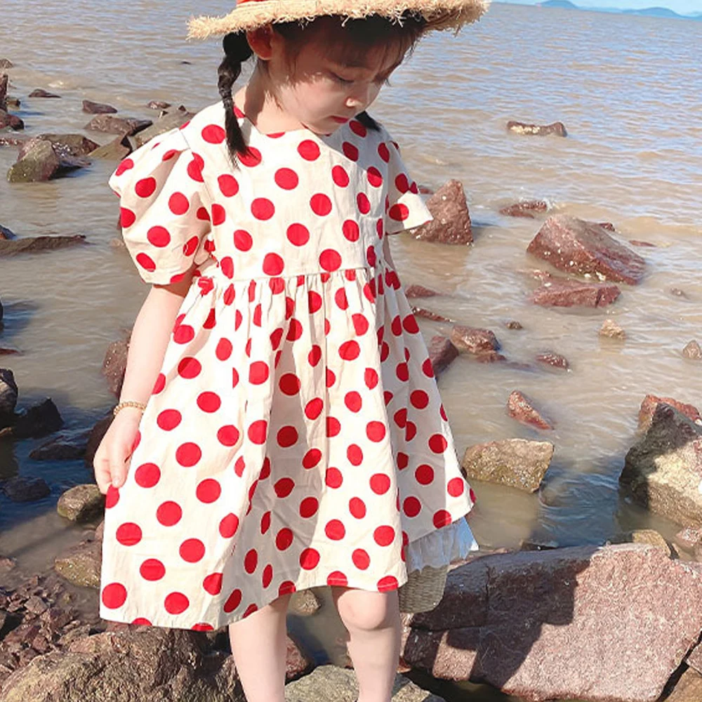 

Платье для девочек с оборками, красное платье принцессы с короткими рукавами-фонариками и принтом в горошек, детская одежда с кисточками, че...