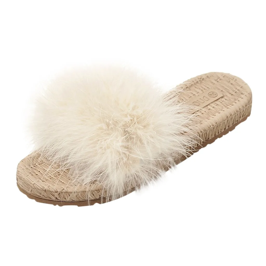Женские тапочки из пеньковой ткани Высококачественные шлепанцы с перьями для