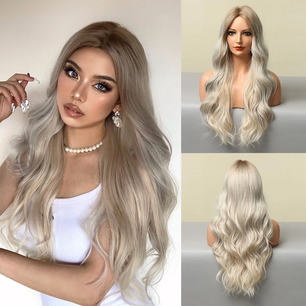 HENRY MARGU Ombre Blonde White Highlight Long Wave Wigs Middle Part Synthetic Wigs for Women Heat Resistant Party Cospaly Wig