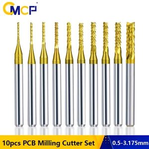 Концевая фреза CMCP для кукурузы, 10 шт., 0,5-3,175 мм, набор карбидных фрез для печатной платы, фрезерный станок с лужёным покрытием и хвостовиком 3,175 мм, инструменты для резки печатной платы