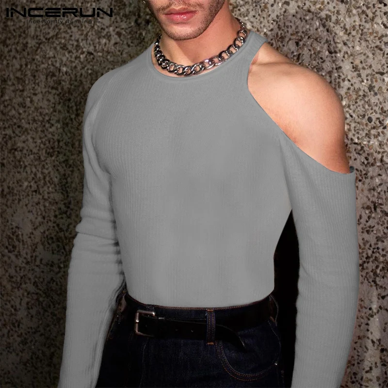 

New Men Solid All-match Camiseta Stylish Male Loose Comfortable Long Sleeves Off-shoulder O-neck T-Shirt S-5XL INCERUN Tops 2022