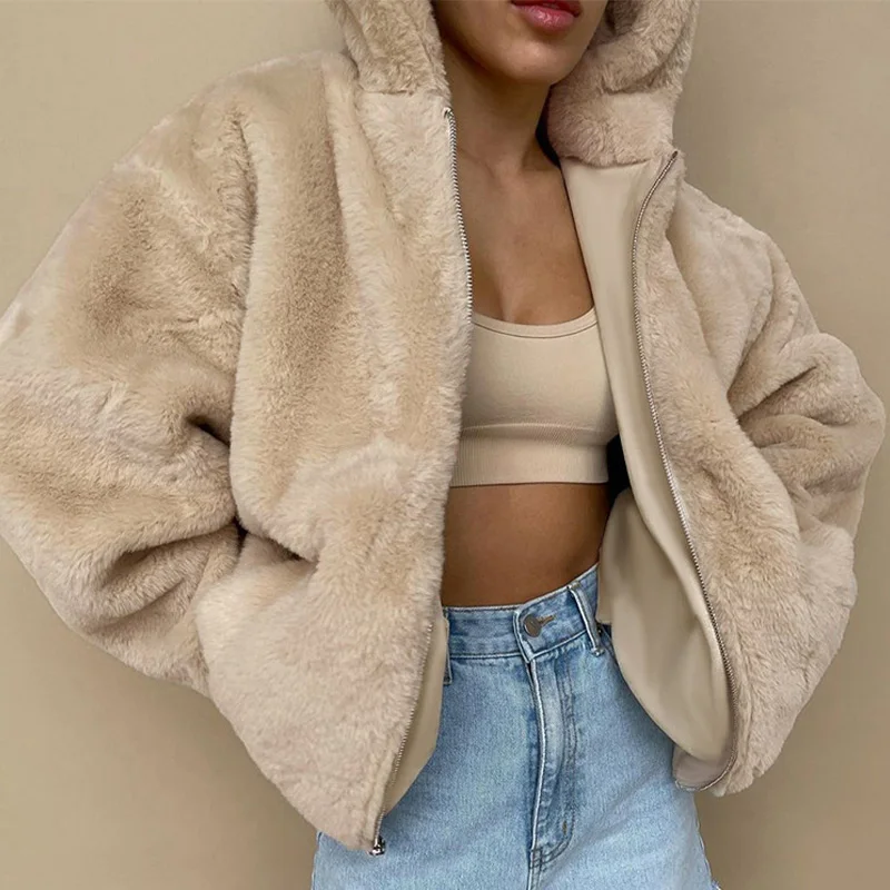 

Oversized Plush Cardigan Hoodies Women Coat Warm Fur Hooded Long Sleeve Zipper Coats Female 2021 Winter Ladies Causal Outwear