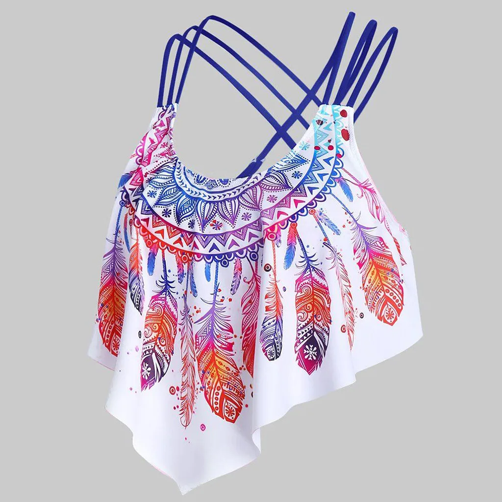 1pcs Top Women Bikini Overlay Flounce Crisscross Tankini Swimsuit Feather Print Strappy Padded Swim Bandage cross SwimWear |