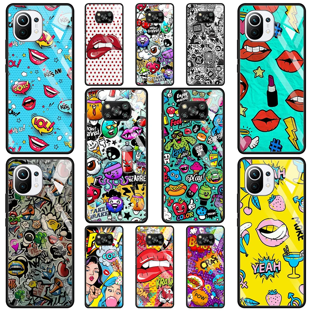 

Glass Case For Xiaomi Poco X3 NFC M2 F2 Pro Cover For MI 11 Ultra 10 10T Lite 9T CC9E CC9 Note 10 Shell Anime Graffiti Sticker