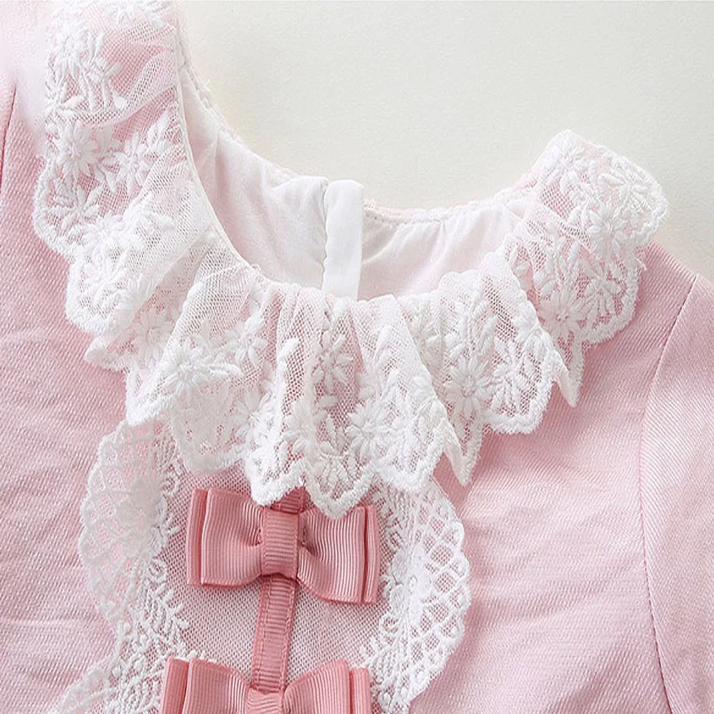 

Girl New Princess Dress Spring Baby Long Sleeve Lace Round Neck Bow Pink Fashion Dress