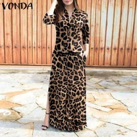 vonda women shirt dress vintage leopard print long sleeve lapel button down side slit maxi dresses bohemian vestidos