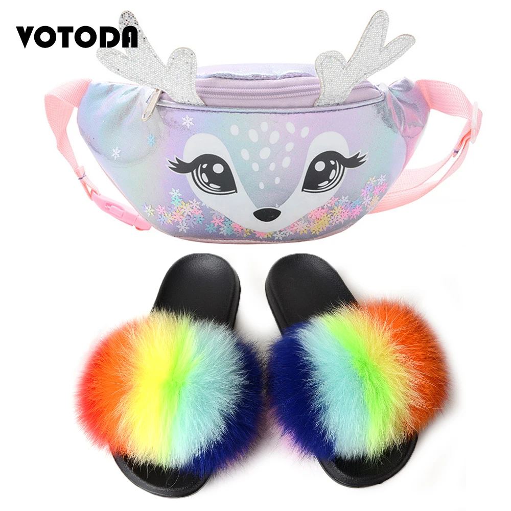 

Girl Rainbow Fur Slippers Fluffy Fur Furry Sandals Kids Cute Cartoon fanny packs Fox fur slides waist pack Children shoe bag set